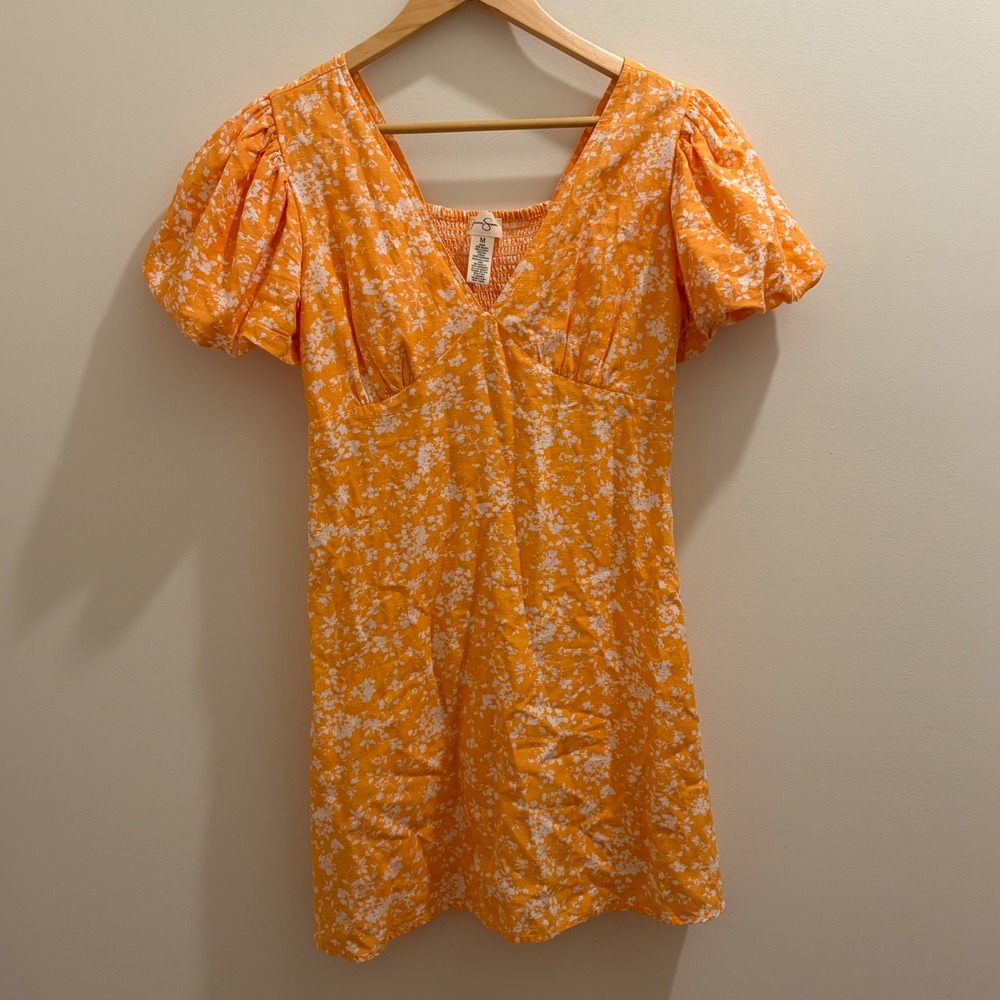 Jessica Simpson Orange Floral V-Neck Puff Sleeve Smocked Mini Dress Womens M